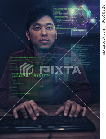 Shot of a young man looking up at messages on a virtual screen - ALL design on this image is created from scratch by Yuri Arcurs team of professionals for this particular photo shoot - this is an 96059526