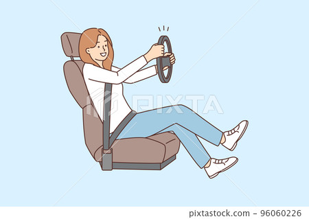 Smiling woman with steering wheel learn driving  96060226