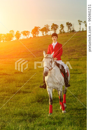 Young woman rider, wearing red redingote and white breeches, with her horse in evening sunset light. Young woman rider, wearing red redingote and white breeches, with her horse in evening sunset light. 96060251