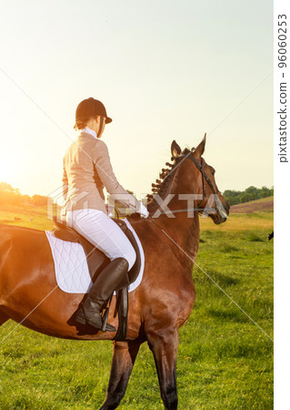Young woman riding a horse on the green field Young woman riding a horse on the green field 96060253