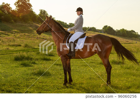 Young woman riding a horse on the green field 96060256
