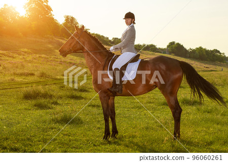 Young woman riding a horse on the green field 96060261