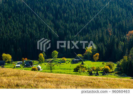 Beautiful autumn scenery. Fabulous autumn view of the mountain valley. Gorgeous morning scene of mountain village, Carpathians, Ukraine, Europe. Beautiful autumn scenery Beautiful autumn scenery. Fabulous autumn view of the mountain valley. Gorgeous morning scene of mountain village, Carpathians, Ukraine, Europe. Beautiful autumn scenery 96060463