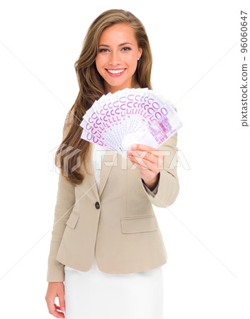 Yay for year-end bonuses. Studio shot of an attractive young businesswoman holding a large sum of money. Yay for year-end bonuses. Studio shot of an attractive young businesswoman holding a large sum of money. 96060647