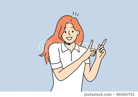 Smiling girl point up with fingers Smiling girl point up with fingers 96060791