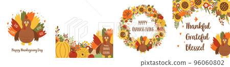 Thanksgiving day poster set with turkey, floral autumn leaves, pumpkin, sunflower illustration. Fall floral thanksgiving day greeting, invitation decorative banner, border, frame, wreath design Thanksgiving day poster set with turkey, floral autumn leaves, pumpkin, sunflower illustration. Fall floral thanksgiving day greeting, invitation decorative banner, border, frame, wreath design 96060802