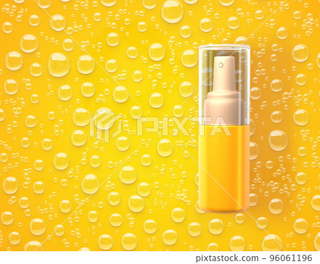 Cosmetic bottle spray with bubbles or water drops on yellow background, 3d render. Face or body oil, essence or serum hair, beauty skin care product on liquid texture, mockup banner Cosmetic bottle spray with bubbles or water drops on yellow background, 3d render. Face or body oil, essence or serum hair, beauty skin care product on liquid texture, mockup banner 96061196