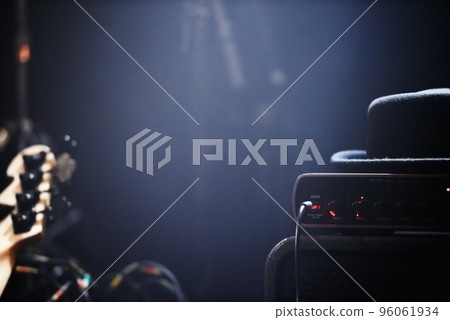 Music is for the soul. Musical instruments and amplifiers on a stage waiting to be played. 96061934
