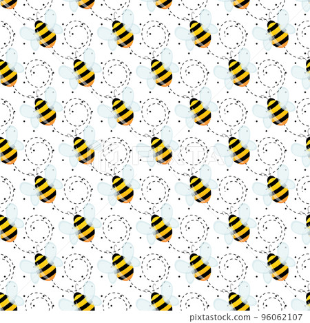 Seamless pattern with bees on white polka dots background. Small wasp. Vector illustration. Adorable cartoon character. Template design for invitation, cards, textile, fabric. Doodle style 96062107