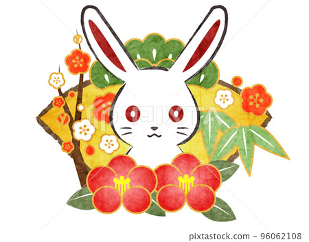 New Year's card icon of Shochiku, Plum and Camellia on the front white rabbit and fan 96062108