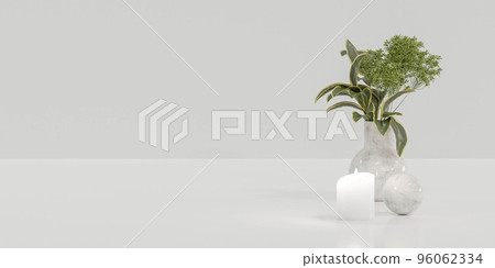 white empty blank background with vase, plants and candle 3d render illustration 96062334