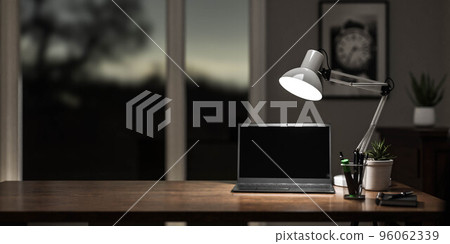 modern office desk in home office with pens, notebook and lamp 3d render illustration 96062339