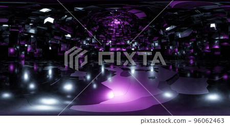 360 degree full panorama environment map of dark empty big hall with neon lights 3d render illustration hdri hdr vr virtual reality 96062463