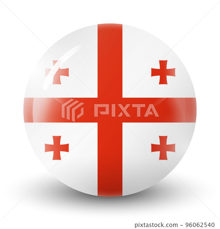 Glass light ball with flag of Georgia. Round sphere, template icon. Georgian national symbol. Glossy realistic ball, 3D abstract vector illustration highlighted on a white background. Big bubble. 96062540