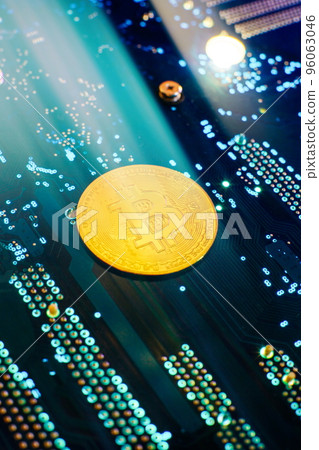Bitcoin cryptocurrency new version on computer electronic circuit board background . Virtual cryptocurrency money Bitcoin golden 96063046