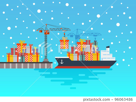Container cargo ship with gift present boxes at harbour port Container cargo ship with gift present boxes at harbour port 96063486