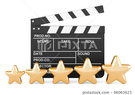 Film rating, clapperboard with five stars concept. 3D rendering Film rating, clapperboard with five stars concept. 3D rendering 96063623