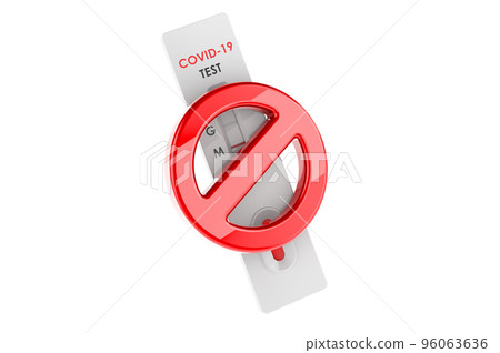 Test COVID-19 coronavirus, rapid test cassette with prohibition sign, 3D rendering Test COVID-19 coronavirus, rapid test cassette with prohibition sign, 3D rendering 96063636