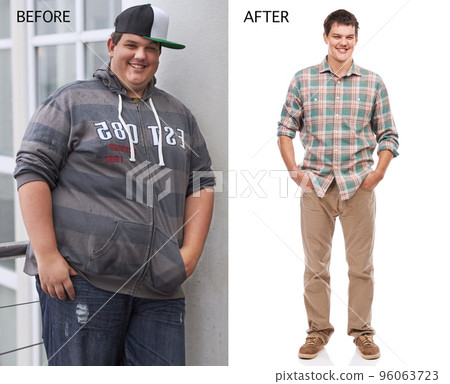 Kicking diabetes to the curb. Before and after shot of a young mans weight loss. Kicking diabetes to the curb. Before and after shot of a young mans weight loss. 96063723