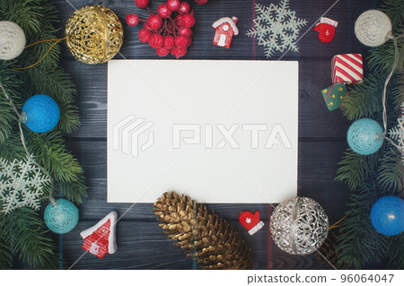 Christmas tree with decoration and lightingt 2023 , Elegant Christmas tree in glass jar with bokeh lights background, copy space. Christmas and new year concept. 96064047