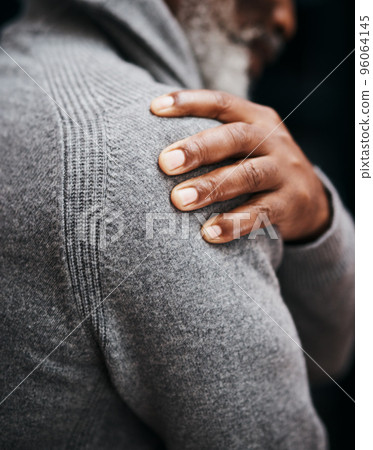 I think I hurt my shoulder back there. Shot of an unrecognizable senior man holding his shoulder in pain indoors. 96064145