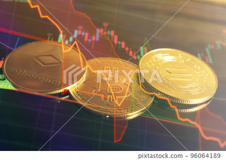 Candle stick graph chart and digital background.Golden coin with icon letter bitcoin, ethereum, Solana or blockchain technology 96064189