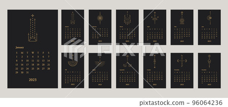 2023 Calendar. Calendar 2023 template with line art elements. Week starts on sunday. Vector illustration. 2023 Calendar. Calendar 2023 template with line art elements. Week starts on sunday. Vector illustration. 96064236