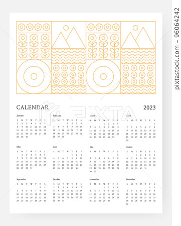 Calendar 2023 template with geometric art deco. 2023 Calendar Week starts on sunday. Vector illustration. Calendar 2023 template with geometric art deco. 2023 Calendar Week starts on sunday. Vector illustration. 96064242
