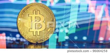 Bitcoins and New Virtual money concept , trading graph and candlestick chart suitable for financial investment concept. 96064258