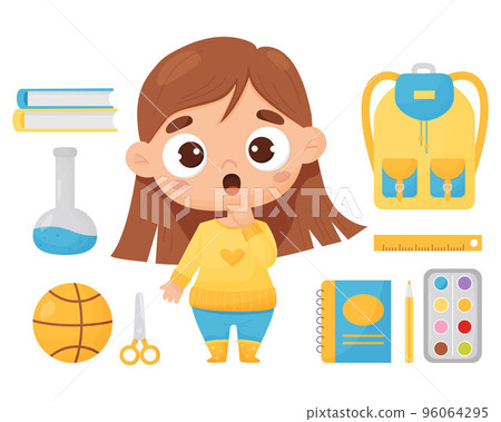 Vector set of school items hobbies and schoolgirl. Cute surprised and puzzled girl and study supplies. Backpack, book, paints, scissors, glass flask, basketball. isolated items in cartoon style. 96064295