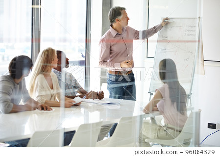 Outlining his vision for the company. Shot of a group of business colleagues in a boardroom meeting. Outlining his vision for the company. Shot of a group of business colleagues in a boardroom meeting. 96064329