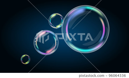 Rainbow soap bubbles on a dark background with copy space. Large and small air bubbles. Vector EPS10. Rainbow soap bubbles on a dark background with copy space. Large and small air bubbles. Vector EPS10. 96064336