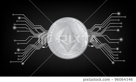Detailed gold coin Ethereum ETH token with pcb tracks in black and white on dark background. Digital gold in techno style for website or banner. Vector illustration. 96064346