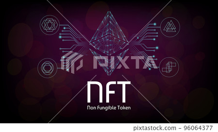 NFT non fungible tokens infographics with pcb tracks and different tokens on dark background. Pay for unique collectibles in games or art. Vector illustration. 96064377