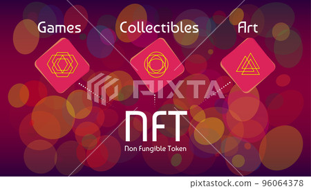 NFT non fungible tokens infographics on colorful abstract background. Pay for unique collectibles in games or art. Vector illustration. 96064378