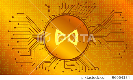 Axie Infinity AXS cryptocurrency token symbol in circle with PCB tracks on gold background. Digital currency coin icon in techno style for website or banner. Vector illustration. 96064384