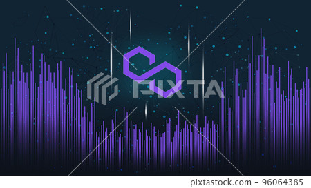 Polygon MATIC token symbol on dark polygonal background with wave of lines. Cryptocurrency coin logo icon. Vector illustration. 96064385