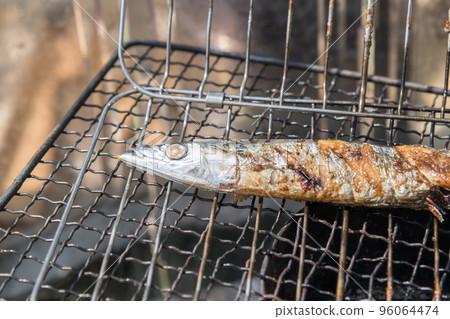 [Car camping on the riverbed of Nakatsu River, salt-grilled raw saury using embers] 96064474