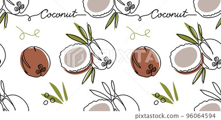Coconut vector seamless pattern or texture. One line art drawing with lettering, coconut pattern 96064594