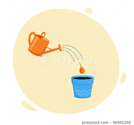 Watering can watering a seed in a pot. Concept of plant growth or business. Watering can watering a seed in a pot. Concept of plant growth or business. 96065208