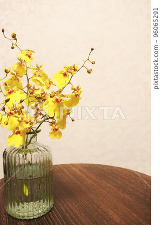 花瓶裡的黃色文心蘭花 96065291