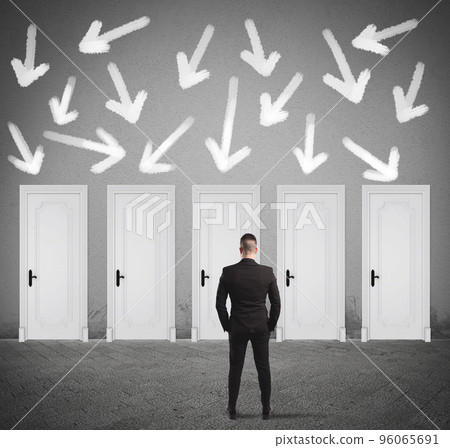 Concept of businessman choosing the right door Concept of businessman choosing the right door 96065691