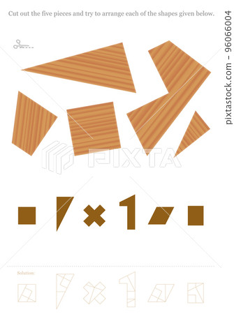 Tiling puzzle to cut out and to arrange different geometrical shapes like triangle, square, cross or rhombus - kind of tangram concentration game with wooden textured pieces to form several figures. 96066004