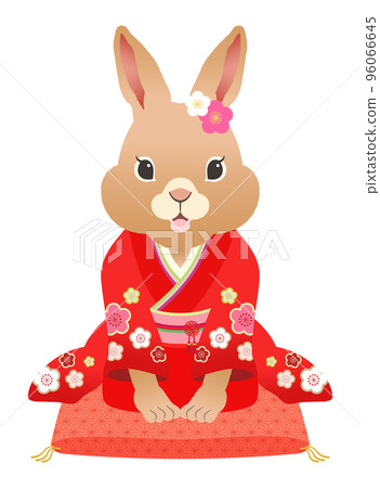 2023 Year of the Rabbit A cute bunny in a festive dress that says hello [zabuton] 96066645