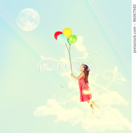 Floating away. A young girl being lifted in the air by a bunch of colorful balloons. Floating away. A young girl being lifted in the air by a bunch of colorful balloons. 96067080