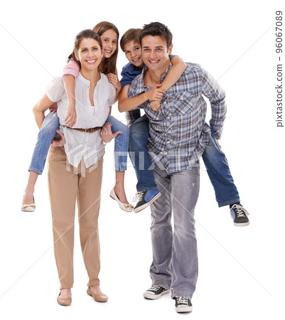 The quintessential happy family. Full-length studio portrait of a happy family of four isolated on white. The quintessential happy family. Full-length studio portrait of a happy family of four isolated on white. 96067089