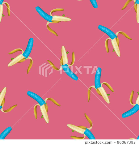 Surreal blue coloured banana seamless pattern on pink background Surreal blue coloured banana seamless pattern on pink background 96067392