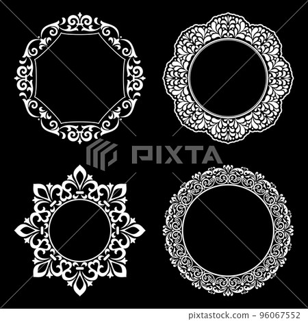 Set of decorative frames Elegant vector element for design in Eastern style, place for text. Floral black and white borders. Lace illustration for invitations and greeting cards. Set of decorative frames Elegant vector element for design in Eastern style, place for text. Floral black and white borders. Lace illustration for invitations and greeting cards. 96067552