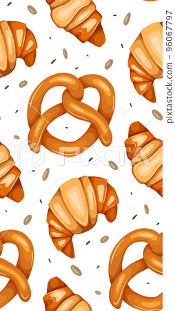 Seamless pattern with pretzels and croissants on white background. Backdrop with buns. Vector texture with German and French bakery Seamless pattern with pretzels and croissants on white background. Backdrop with buns. Vector texture with German and French bakery 96067797