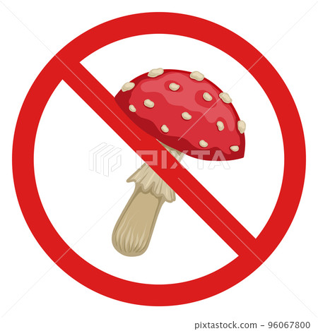 Fly agaric in the prohibition sign. Vector prohibition sign with poisonous mushroom. Do not eat or pick mushrooms. Fly agaric in the prohibition sign. Vector prohibition sign with poisonous mushroom. Do not eat or pick mushrooms. 96067800